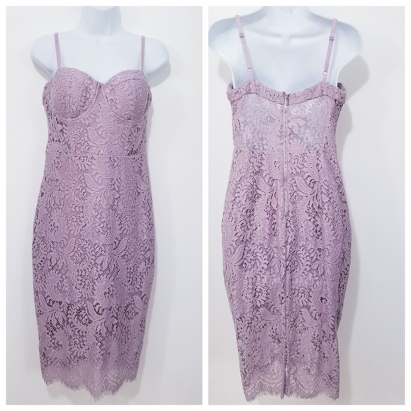bebe Dresses & Skirts - Bebe Lavender Lace Overlay Midi Dress Back Slit